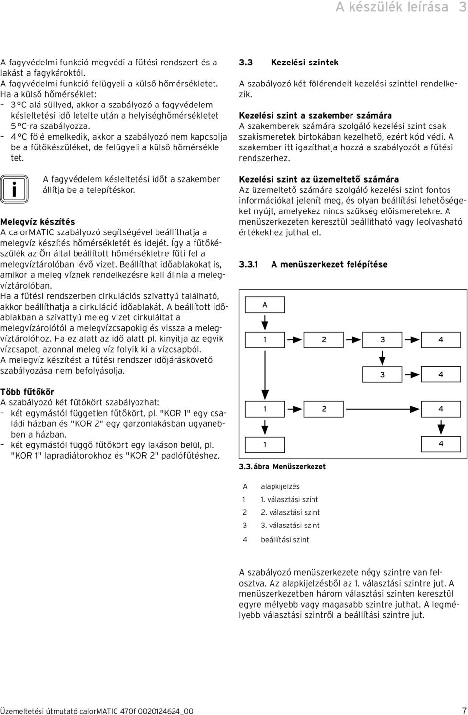 4 C fölé emelkedik, akkor a szabályozó nem kapcsolja be a fűtőkészüléket, de felügyeli a külső hőmérsékletet. i A fagyvédelem késleltetési időt a szakember állítja be a telepítéskor.