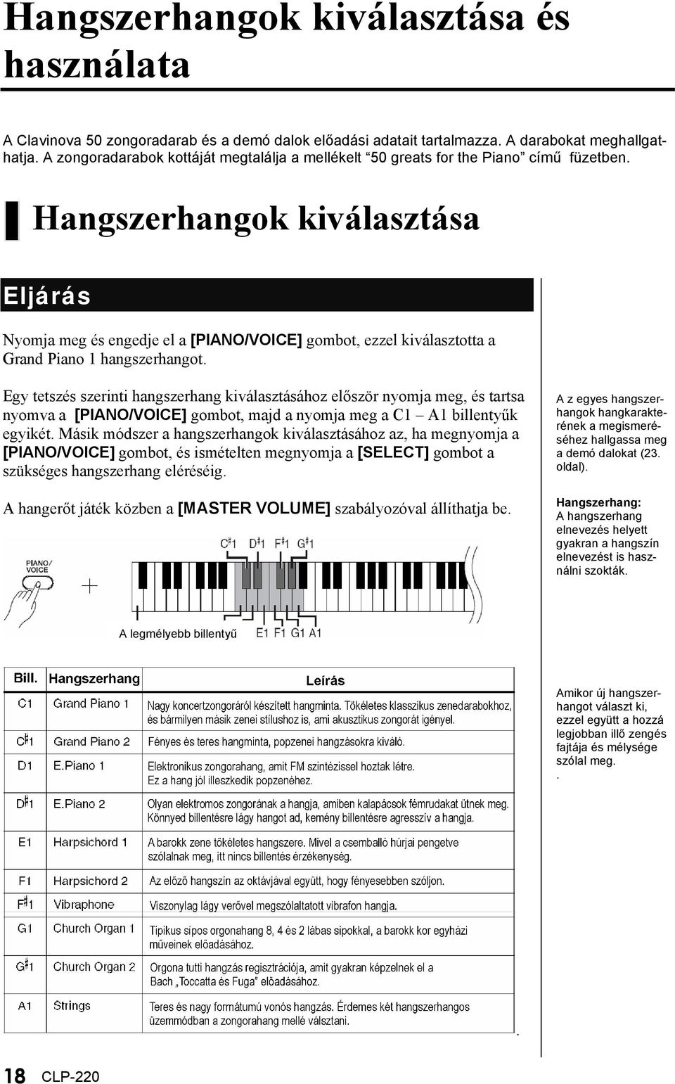 Hangszerhangok kiválasztása Eljárás Nyomja meg és engedje el a [PIANO/VOICE] gombot, ezzel kiválasztotta a Grand Piano 1 hangszerhangot.