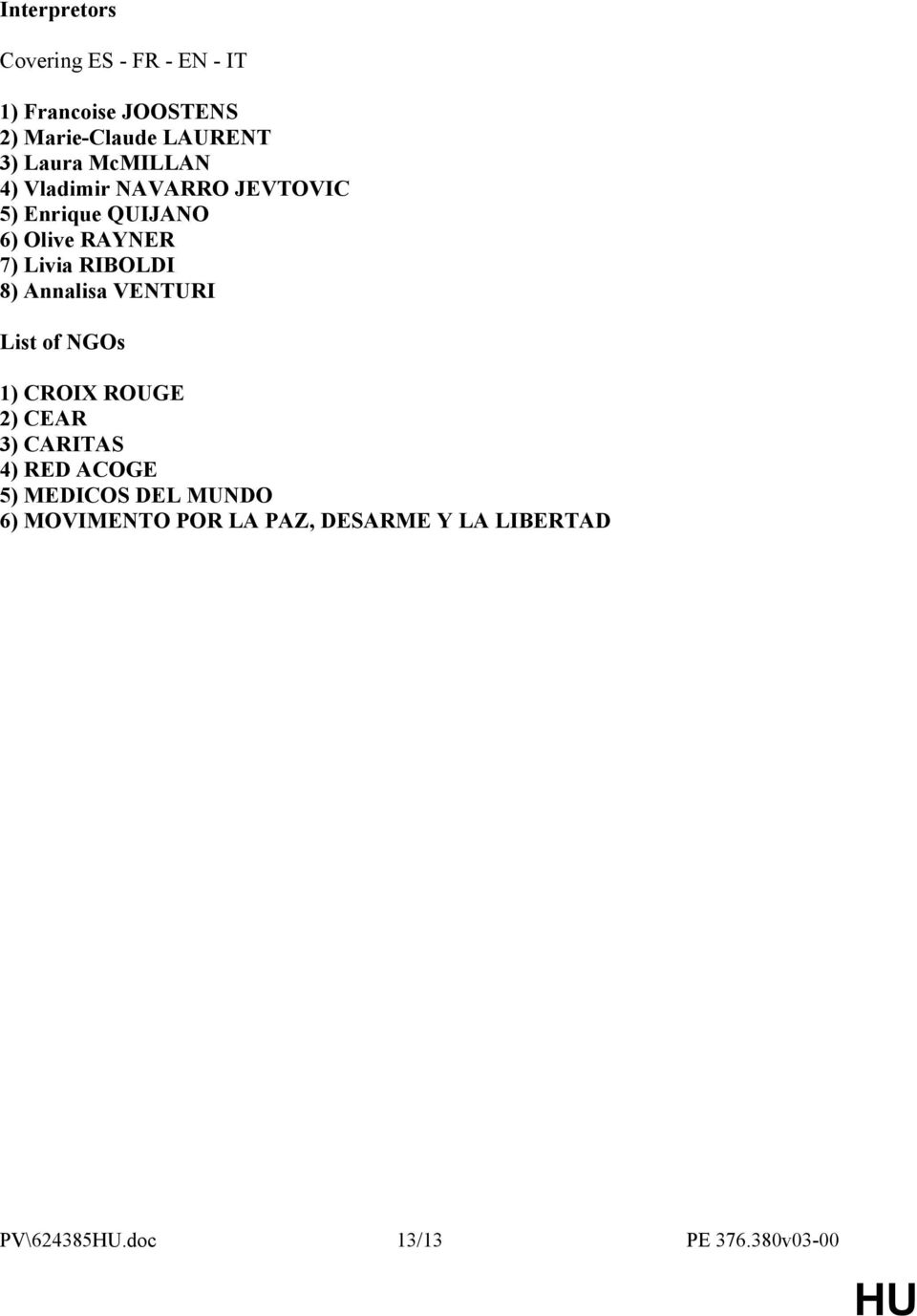 RIBOLDI 8) Annalisa VENTURI List of NGOs 1) CROIX ROUGE 2) CEAR 3) CARITAS 4) RED ACOGE 5)