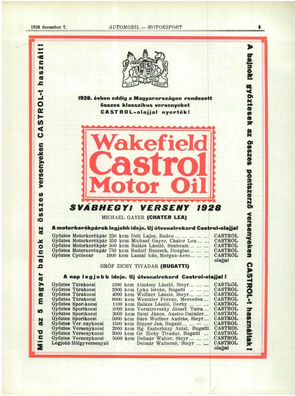 Wakefield Castrol Motof Oil SVÁBHEGYI VERSENY 1928 MICHAEL GAYER (CHATER LEA) A motorkerékpárok legjobb ideje.