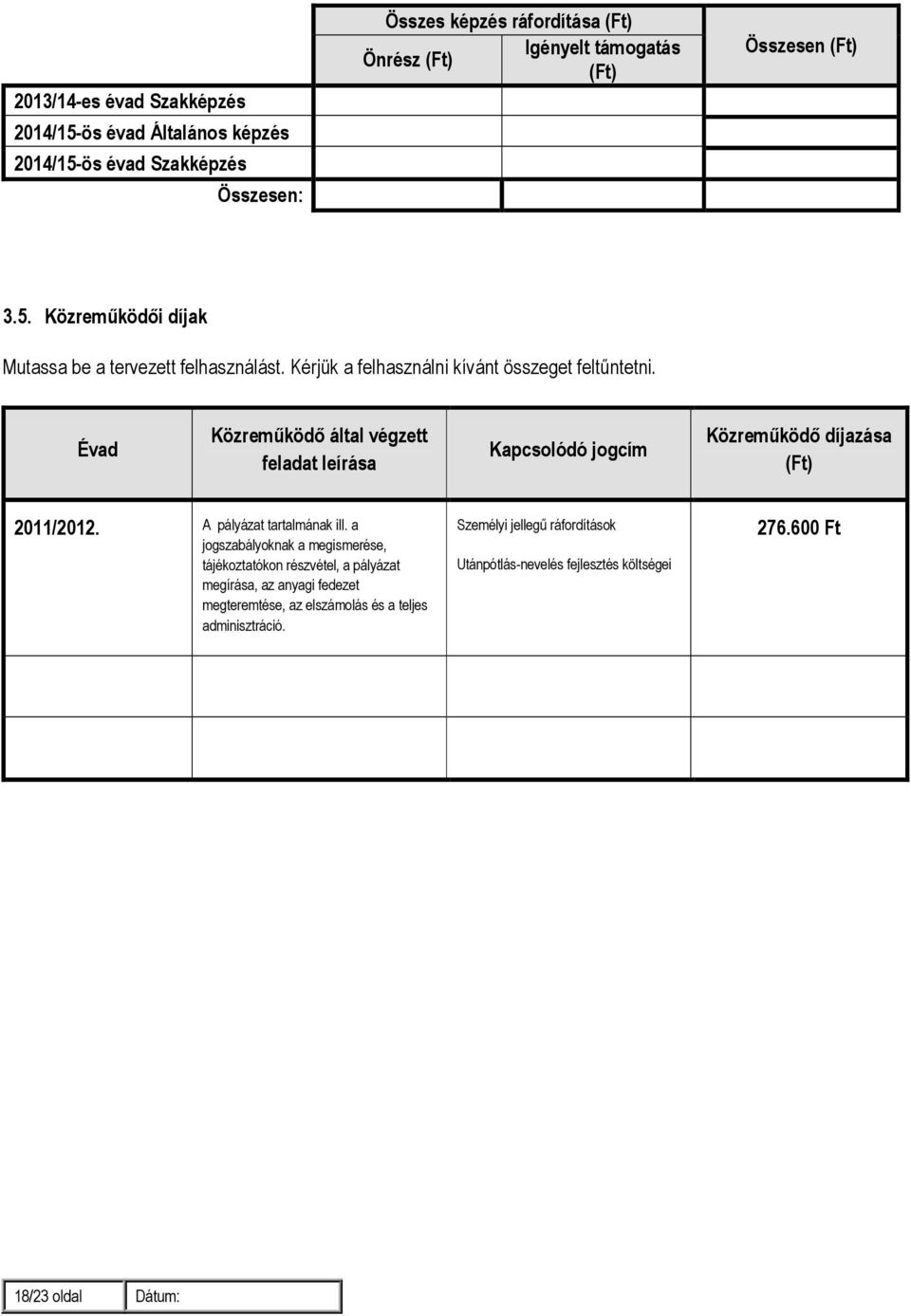 Évad Közremőködı által végzett feladat leírása Kapcsolódó jogcím Közremőködı díjazása (Ft) 2011/2012. A pályázat tartalmának ill.