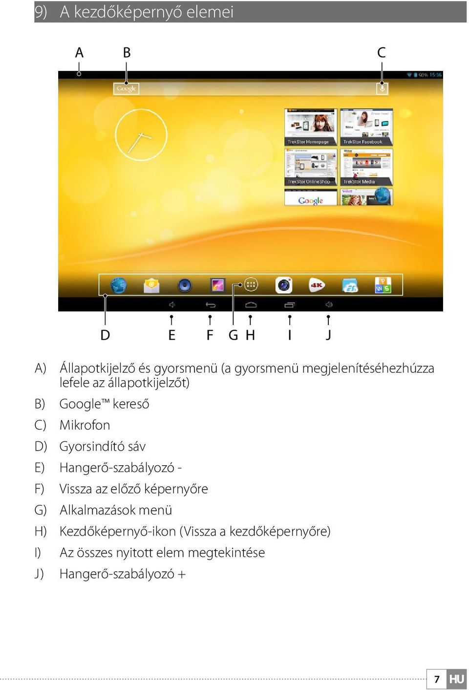 sáv E) Hangerő-szabályozó - F) Vissza az előző képernyőre G) Alkalmazások menü H)