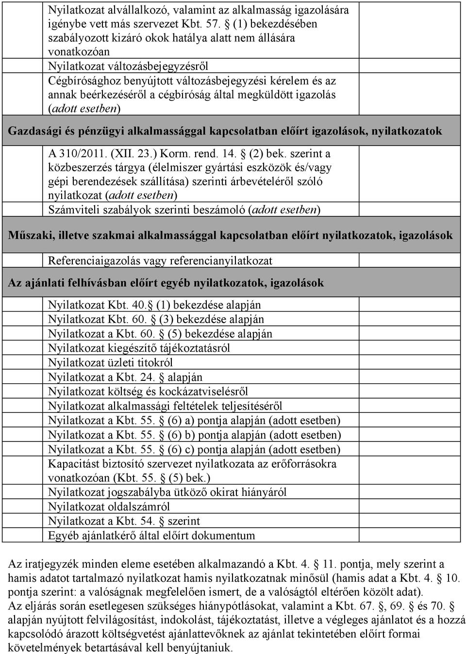 cégbíróság által megküldött igazolás (adott esetben) Gazdasági és pénzügyi alkalmassággal kapcsolatban előírt igazolások, nyilatkozatok A 310/2011. (XII. 23.) Korm. rend. 14. (2) bek.