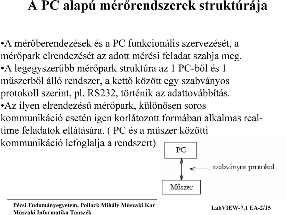 A legegyszerűbb mérőpark struktúra az 1 PC-ből és 1 műszerből álló rendszer, a kettő között egy szabványos protokoll szerint, pl.