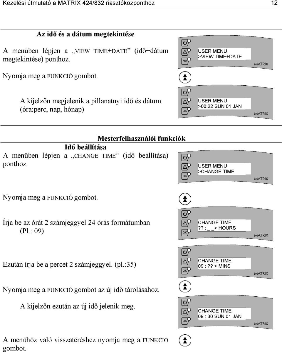 (óra:perc, nap, hónap) >00:22 SUN 01 JAN Mesterfelhasználói funkciók Idő beállítása A menüben lépjen a CHANGE TIME (idő beállítása) ponthoz.