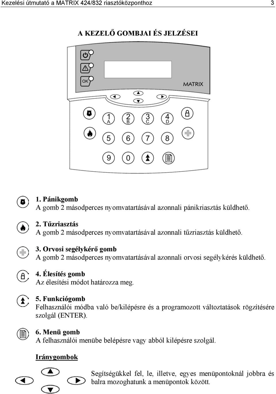 Orvosi segélykérő gomb A gomb 2 másodperces nyomvatartásával azonnali orvosi segélykérés küldhető. 4. Élesítés gomb Az élesítési módot határozza meg. 5.