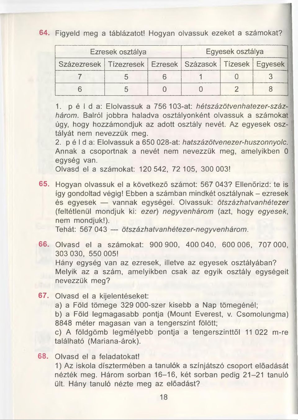 Az egyesek osztályát nem nevezzük meg. 2. p é I d a: Elolvassuk a 650 028-at: hatszäzötvenezer-huszonnyolc. Annak a csoportnak a nevét nem nevezzük meg, amelyikben 0 egység van.