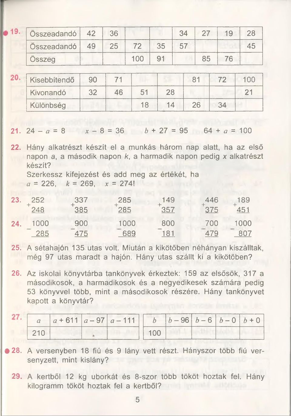 Szerkessz kifejezést és add meg az értékét, ha a = 226, k - 269, x = 274! 23. 252 + 248 24. 1000 285 +337 +385 900 475 +285 +285 1000 689 149 +357 800 181 +446 +275 700 479 189 ^451 1000 807 25.