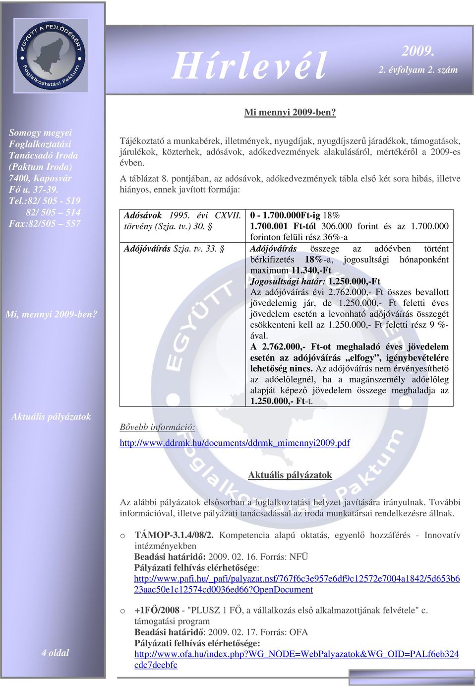 pontjában, az adósávok, adókedvezmények tábla elsı két sora hibás, illetve hiányos, ennek javított formája: Adósávok 1995. évi CXVII. törvény (Szja. tv.) 30. 0-1.700.000Ft-ig 18% 1.700.001 Ft-tól 306.