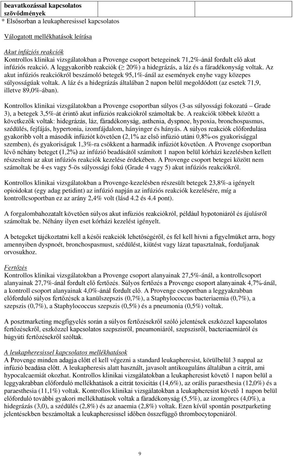 Az akut infúziós reakciókról beszámoló betegek 95,1%-ánál az események enyhe vagy közepes súlyosságúak voltak.