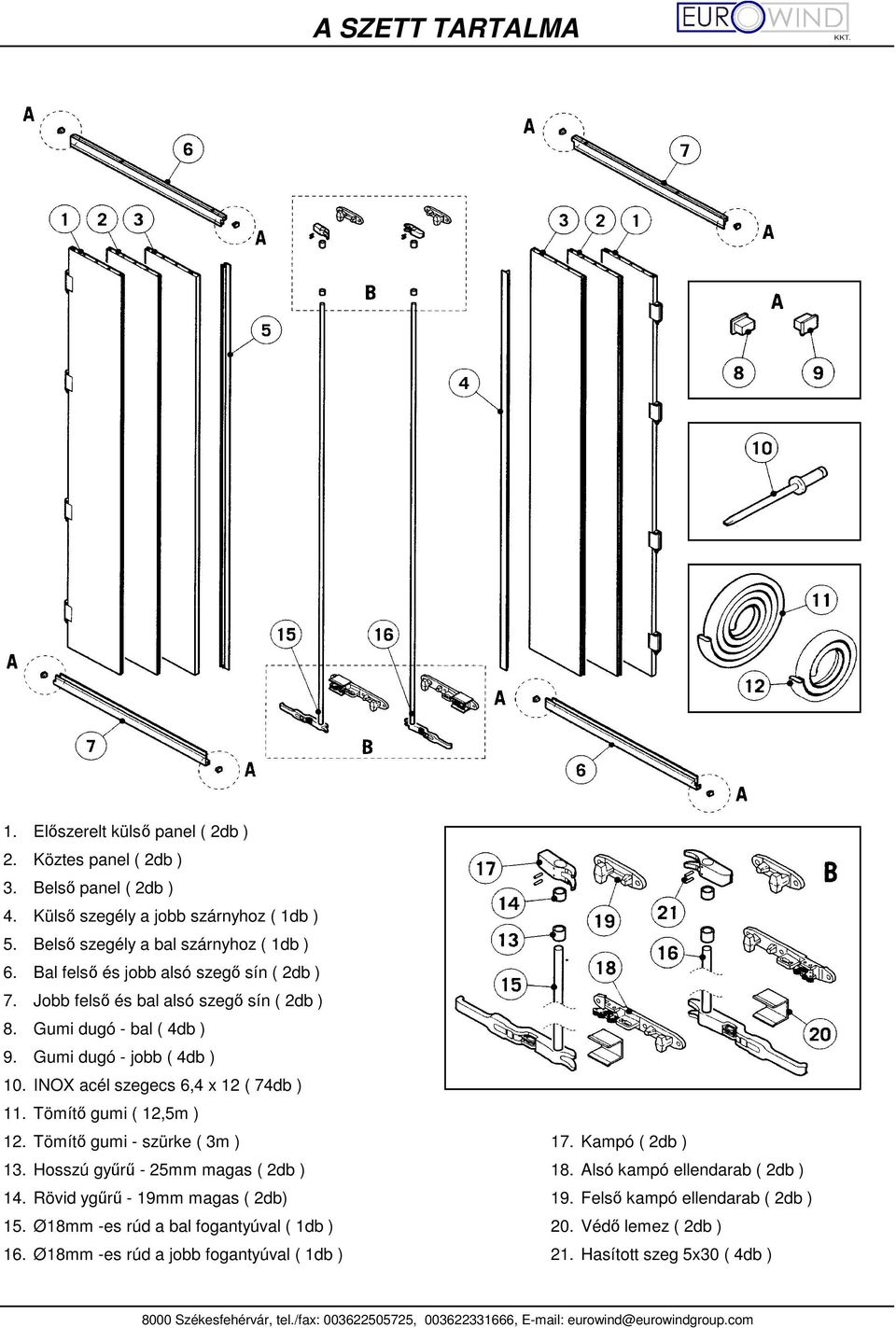 Gumi dugó - jobb ( 4db ) 10. INOX acél szegecs 6,4 x 12 ( 74db ) 11. Tömítı gumi ( 12,5m ) 12. Tömítı gumi - szürke ( 3m ) 17. Kampó ( 2db ) 13. Hosszú győrő - 25mm magas ( 2db ) 18.