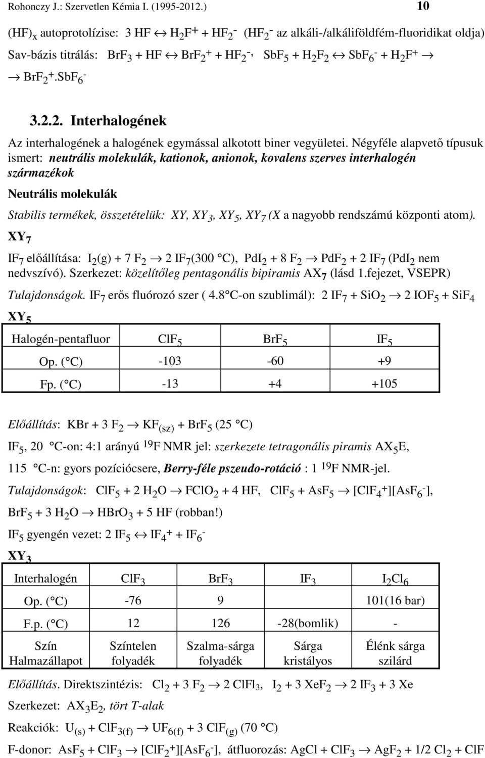 SbF - 6 3.2.2. Interhalogének Az interhalogének a halogének egymással alkotott biner vegyületei.