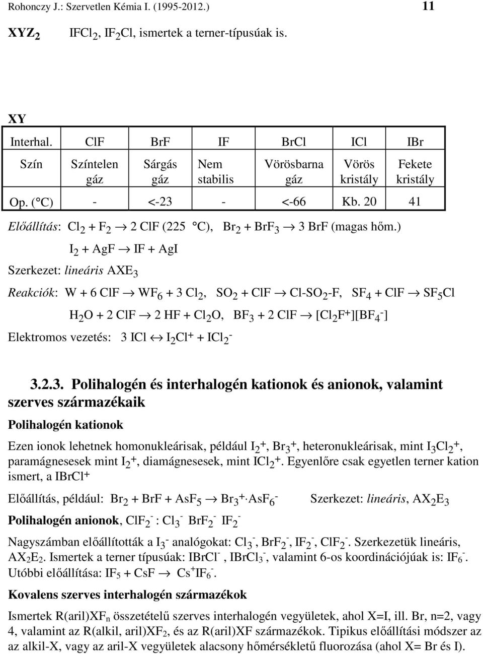 20 41 Előállítás: Cl 2 + F 2 2 ClF (225 C), Br 2 + BrF 3 3 BrF (magas hőm.