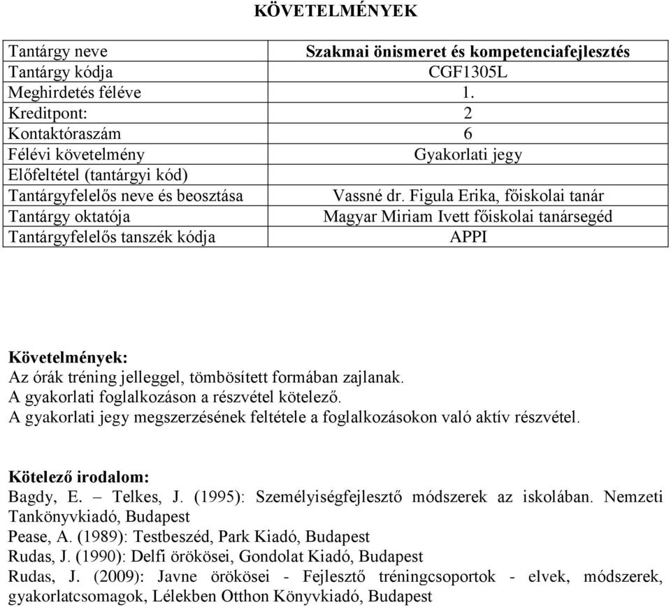 A gyakorlati jegy megszerzésének feltétele a foglalkozásokon való aktív részvétel. Bagdy, E. Telkes, J. (1995): Személyiségfejlesztő módszerek az iskolában.