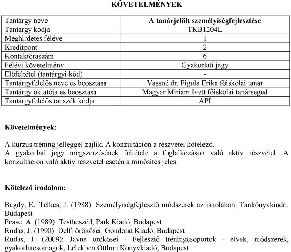 A gyakorlati jegy megszerzésének feltétele a foglalkozáson való aktív részvétel. A konzultáción való aktív részvétel esetén a minősítés jeles. Bagdy, E. Telkes, J.