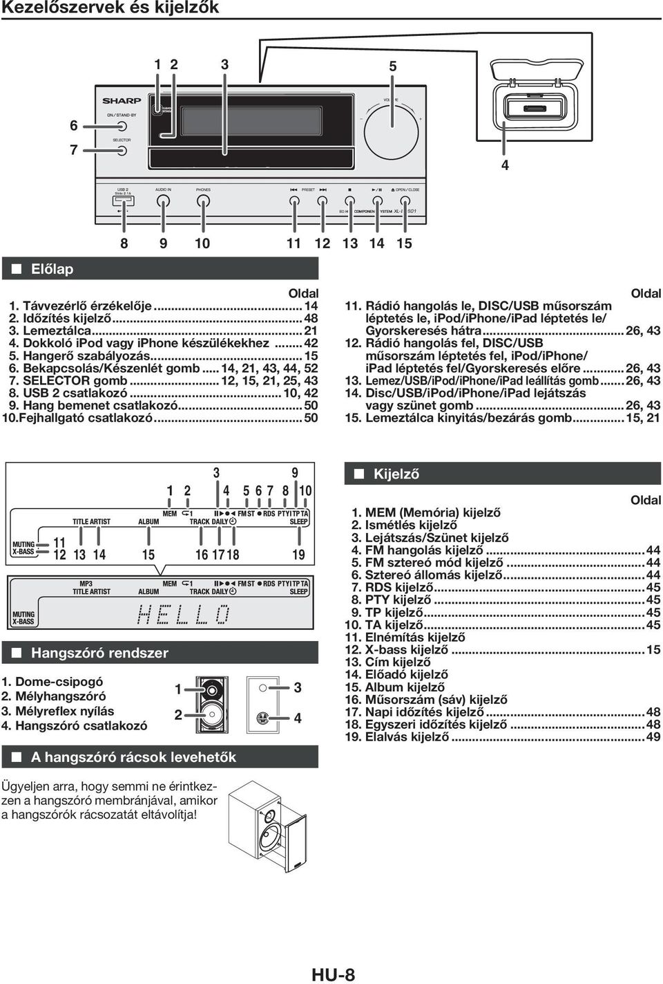 Fejhallgató csatlakozó... 50 Oldal 11. Rádió hangolás le, DISC/USB műsorszám léptetés le, ipod/iphone/ipad léptetés le/ Gyorskeresés hátra... 26, 43 12.