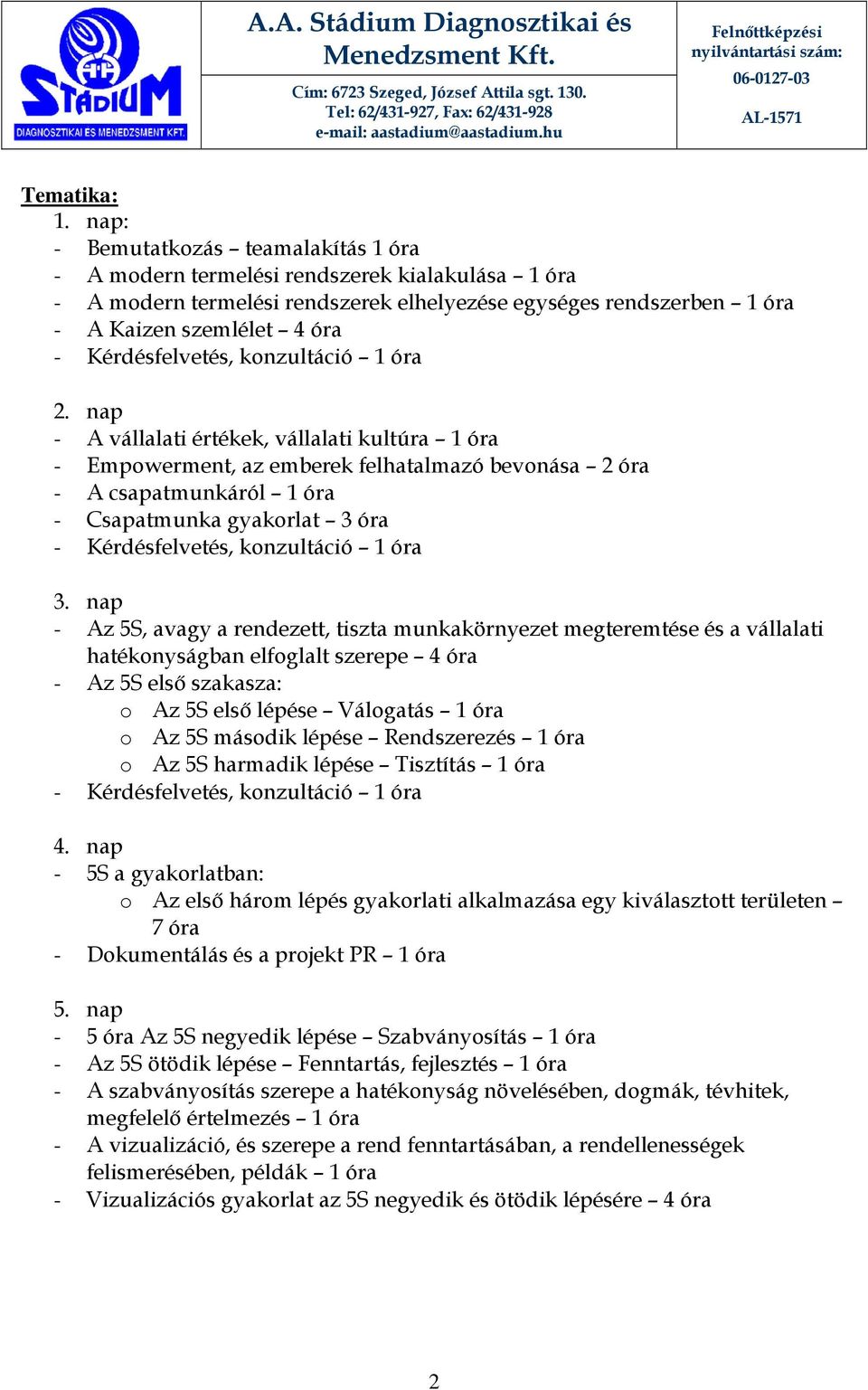 nap - A vállalati értékek, vállalati kultúra 1 óra - Empowerment, az emberek felhatalmazó bevonása 2 óra - A csapatmunkáról 1 óra - Csapatmunka gyakorlat 3 óra 3.