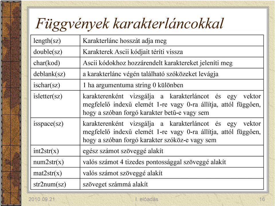 0-ra állítja, attól függően, hogy a szóban forgó karakter betű-e vagy sem isspace(sz) karakterenként vizsgálja a karakterláncot és egy vektor megfelelő indexű elemét 1-re vagy 0-ra állítja, attól