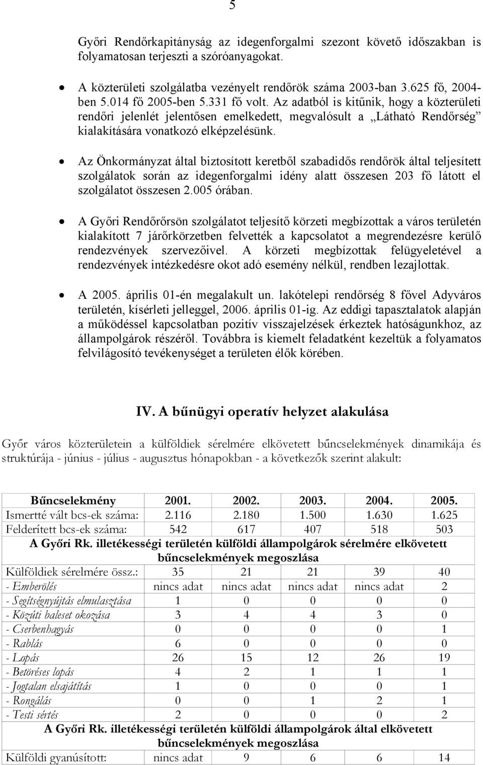 Az Önkormányzat által biztosított keretből szabadidős rendőrök által teljesített szolgálatok során az idegenforgalmi idény alatt összesen 203 fő látott el szolgálatot összesen 2.005 órában.