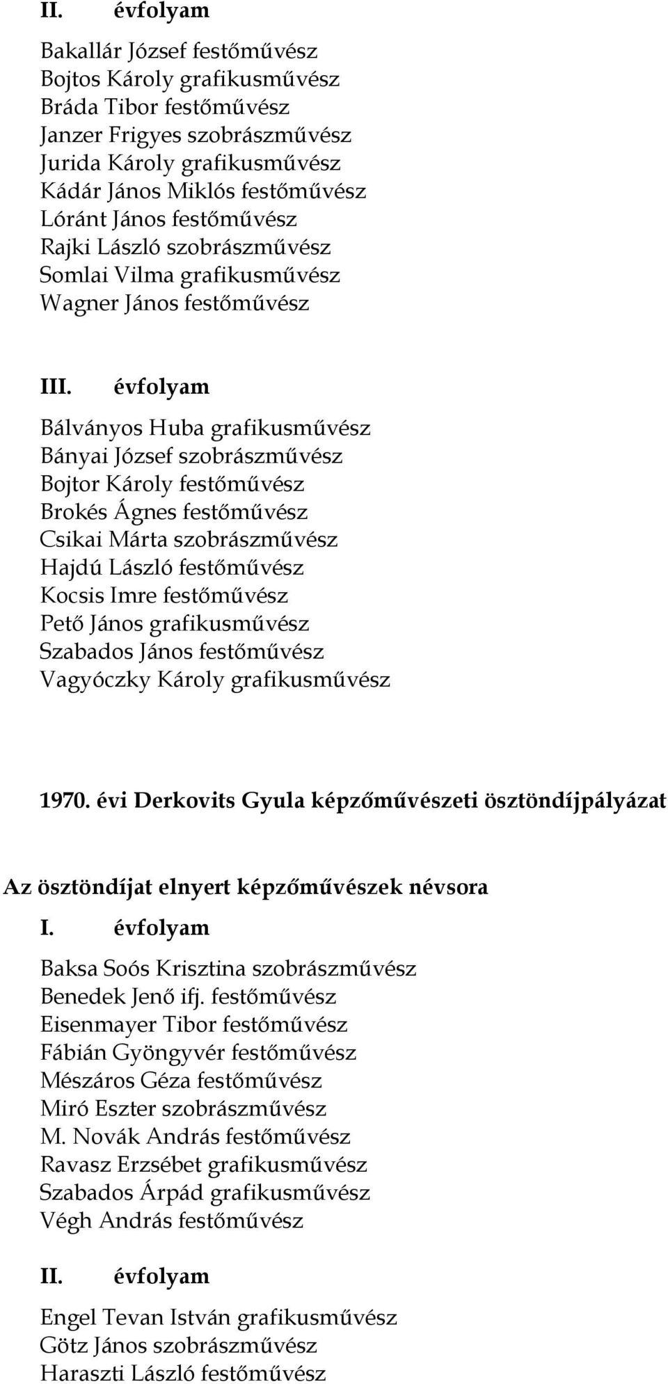 Márta szobrászművész Hajdú László festőművész Kocsis Imre festőművész Pető János grafikusművész Szabados János festőművész Vagyóczky Károly grafikusművész 1970.