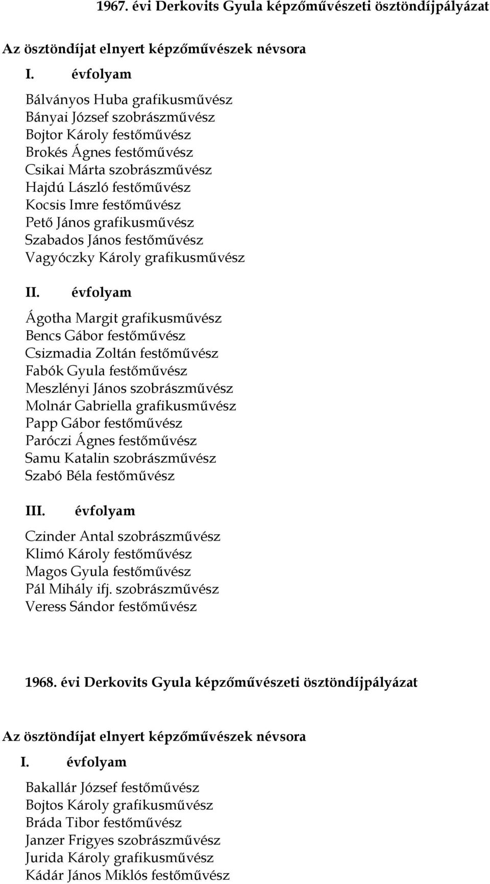 grafikusművész Szabados János festőművész Vagyóczky Károly grafikusművész Ágotha Margit grafikusművész Bencs Gábor festőművész Csizmadia Zoltán festőművész Fabók Gyula festőművész Meszlényi János