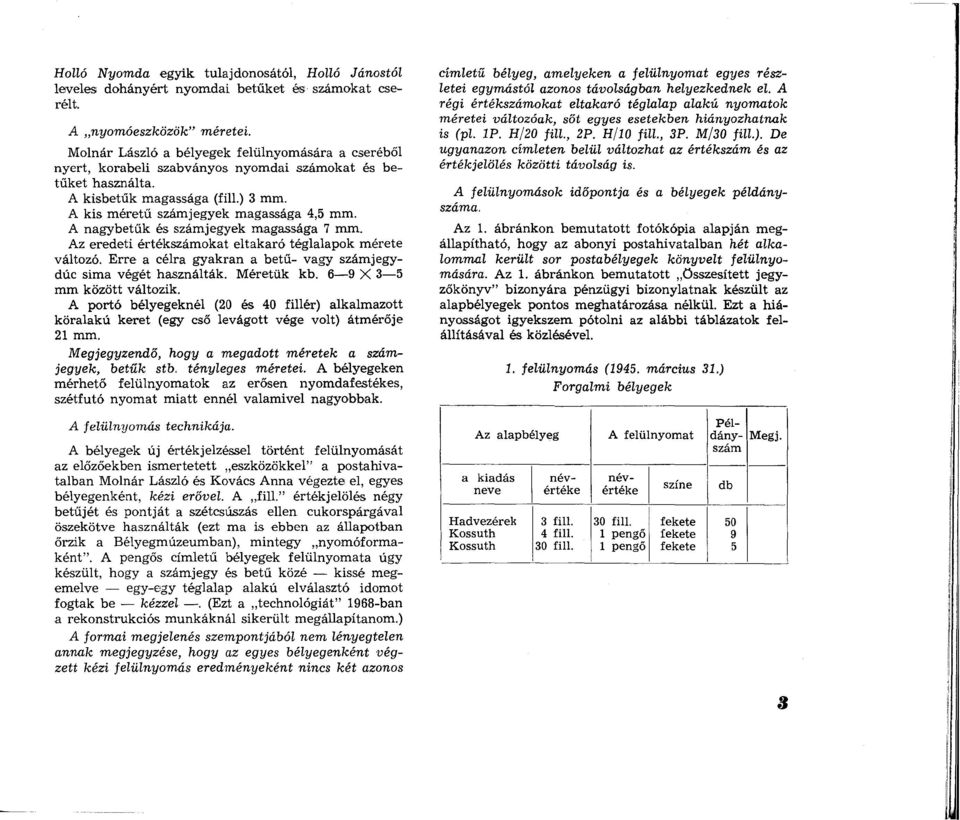 A nagybetűk és számjegyek magassága 7 mm. Az eredeti értékszámokat eltakaró téglalapok mérete változó. Erre a célra gyakran a betű- vagy számjegydúc sima végét használták. Méretük kb.