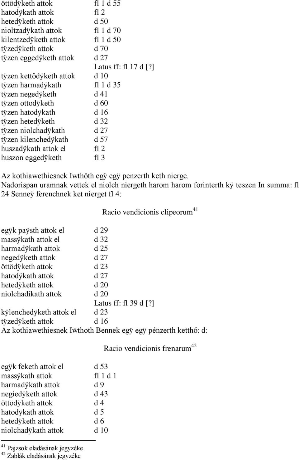 huszadÿkath attok el fl 2 huszon eggedÿketh fl 3 Az kothiawethiesnek Iwthöth egÿ egÿ penzerth keth nierge.