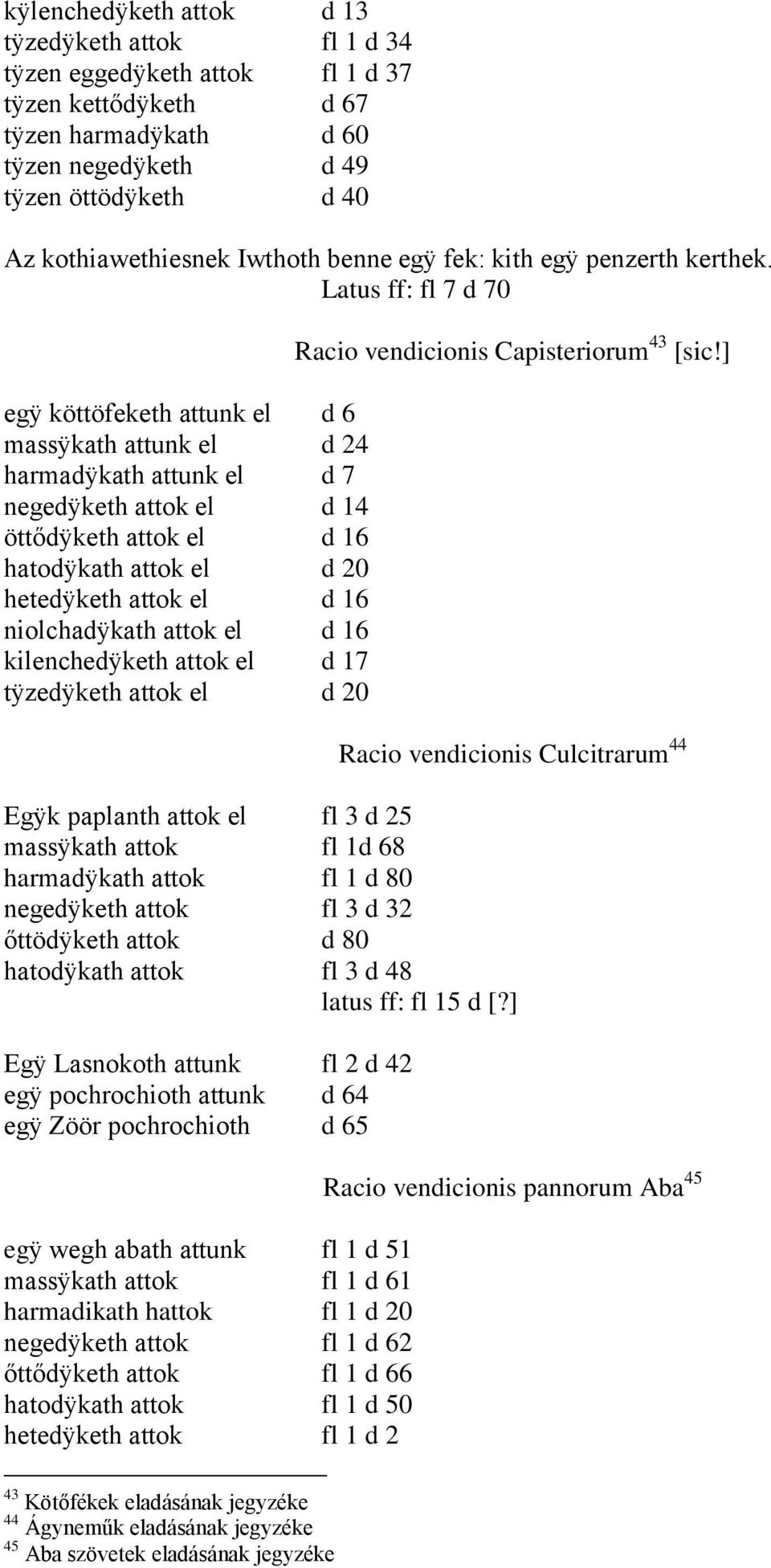 Latus ff: fl 7 d 70 egÿ köttöfeketh attunk el d 6 massÿkath attunk el d 24 harmadÿkath attunk el d 7 negedÿketh attok el d 14 öttődÿketh attok el d 16 hatodÿkath attok el d 20 hetedÿketh attok el d