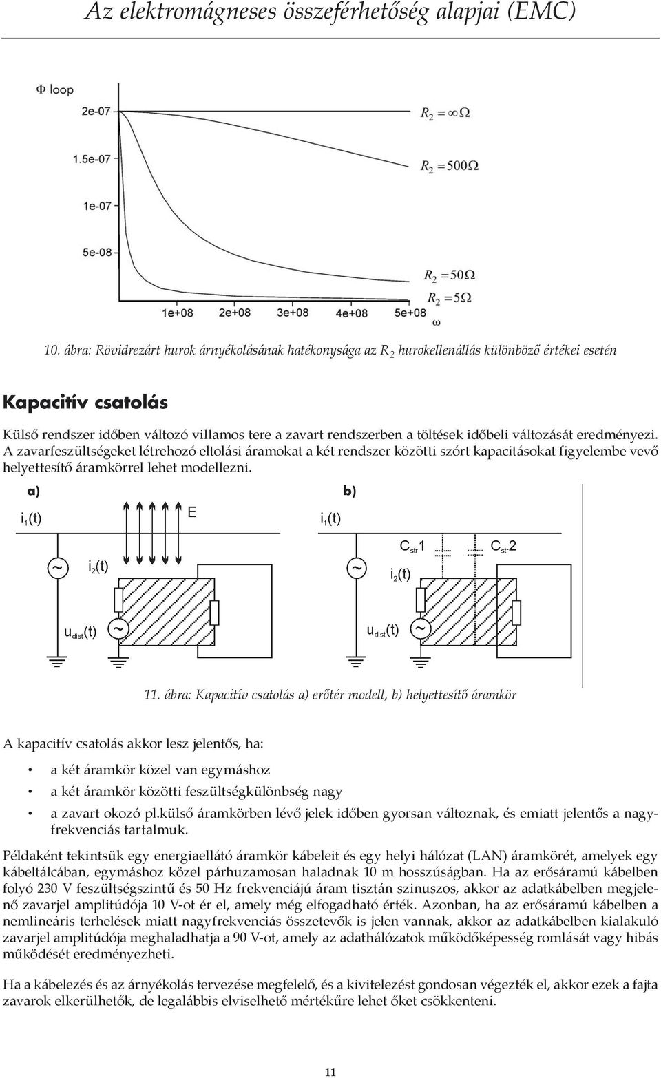 ábra: Kapacitív csatolás a) erőtér modell, b) helyettesítő áramkör A kapacitív csatolás akkor lesz jelentős, ha: a két áramkör közel van egymáshoz a két áramkör közötti feszültségkülönbség nagy a