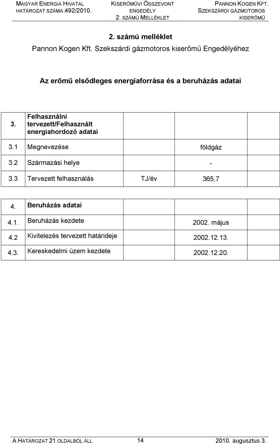 Felhasználni tervezett/felhasznált energiahordozó adatai 3.1 Megnevezése földgáz 3.2 Származási helye - 3.