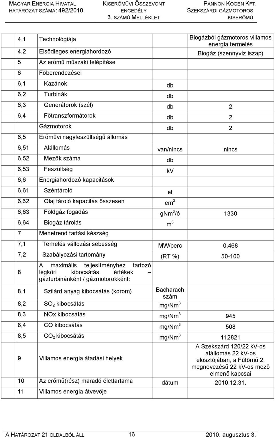 db 2 6,5 Erőművi nagyfeszültségű állomás 6,51 Alállomás van/nincs nincs 6,52 Mezők száma db 6,53 Feszültség kv 6,6 Energiahordozó kapacitások 6,61 Széntároló et 6,62 Olaj tároló kapacitás összesen em