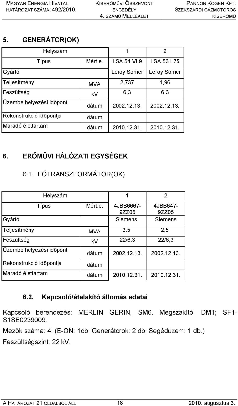 12.13. 2002.12.13. dátum Maradó élettartam dátum 2010.12.31. 2010.12.31. 6.2. Kapcsoló/átalakító állomás adatai Kapcsoló berendezés: MERLIN GERIN, SM6. Megszakító: DM1; SF1- S1SE0239009.