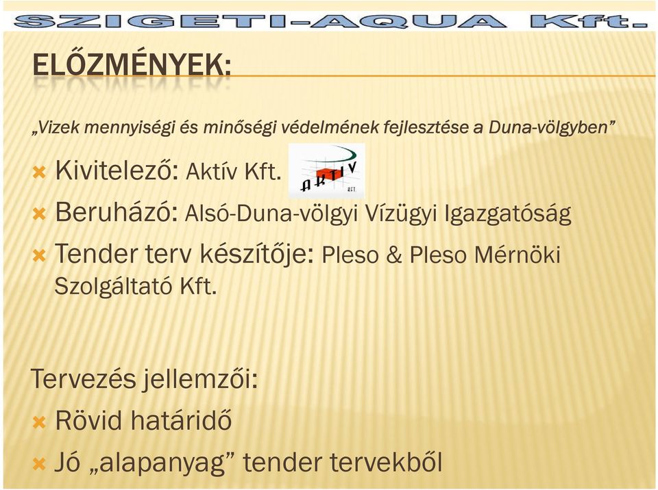 Beruházó: Alsó-Duna-völgyi Vízügyi Igazgatóság Tender terv