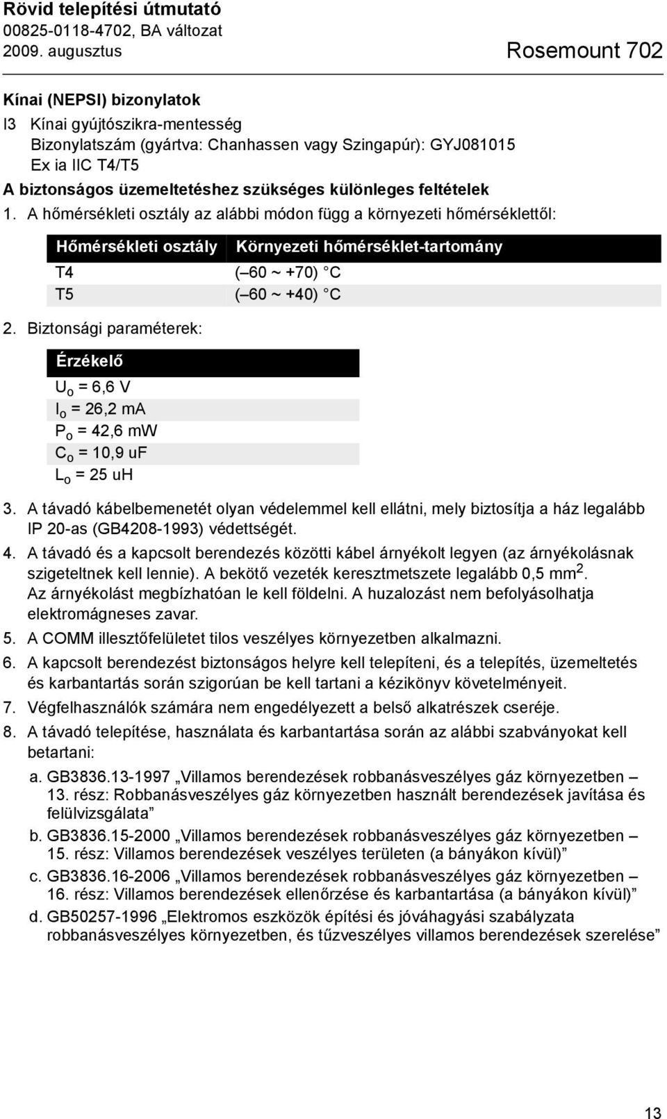 Biztonsági paraméterek: Érzékelő U o = 6,6 V I o = 26,2 ma P o = 42,6 mw C o = 10,9 uf L o = 25 uh Környezeti hőmérséklet-tartomány 3.