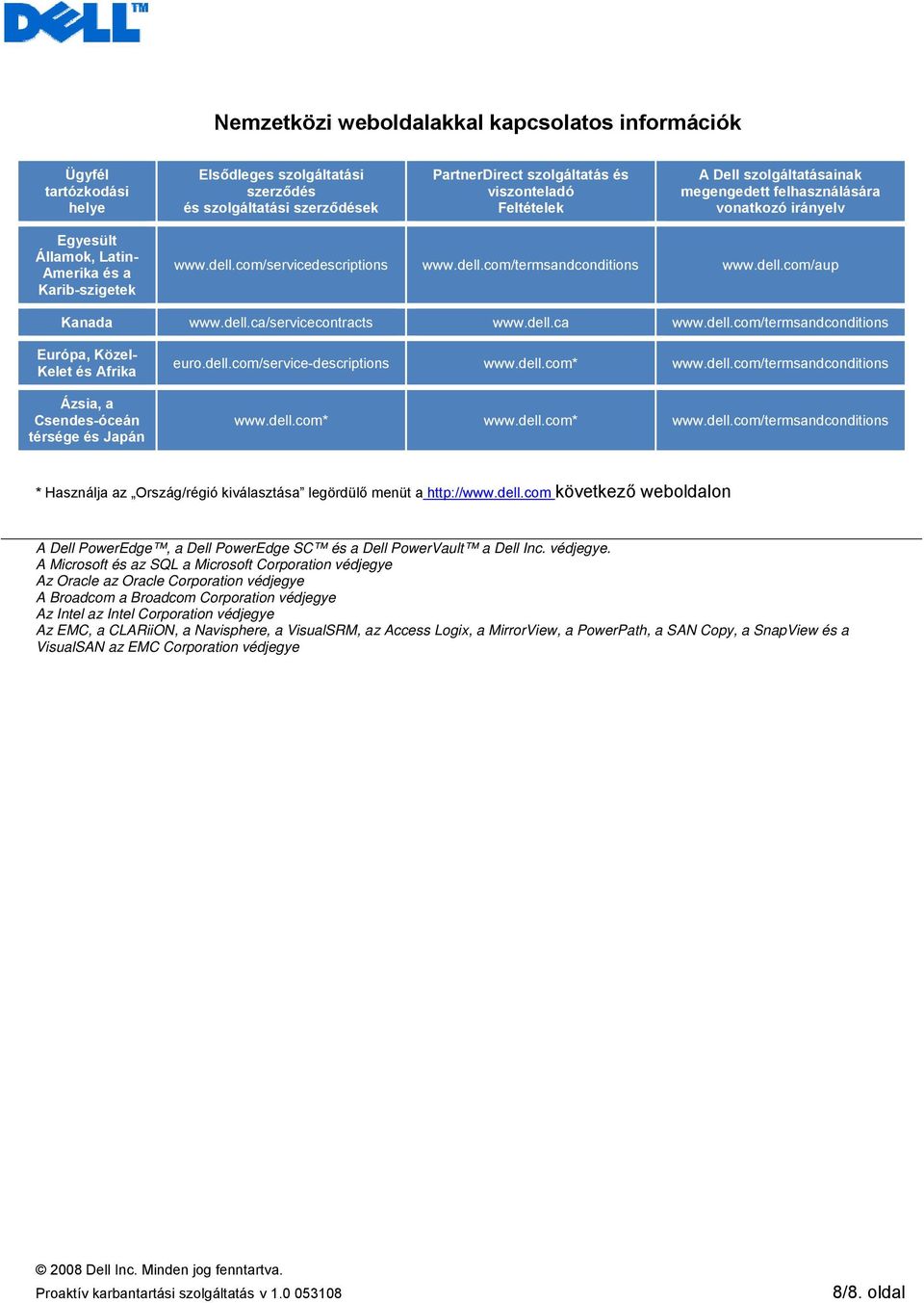 dell.ca/servicecontracts www.dell.ca www.dell.com/termsandconditions Európa, Közel- Kelet és Afrika Ázsia, a Csendes-óceán térsége és Japán euro.dell.com/service-descriptions www.dell.com* www.dell.com/termsandconditions www.