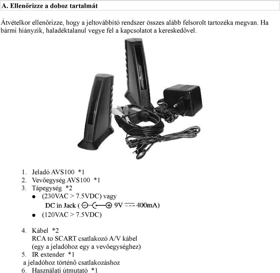 Vevőegység AVS100 *1 3. Tápegység *2 (230VAC > 7.5VDC) vagy (120VAC > 7.5VDC) 4.