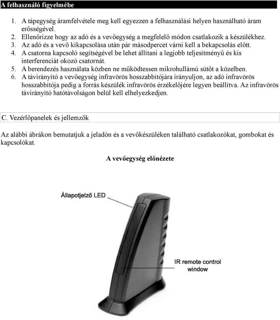 A csatorna kapcsoló segítségével be lehet állítani a legjobb teljesítményű és kis interferenciát okozó csatornát. 5. A berendezés használata közben ne működtessen mikrohullámú sütőt a közelben. 6.