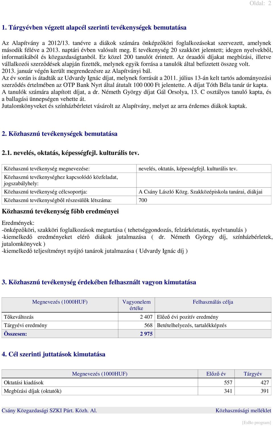 Az óraadói díjakat megbízási, illetve vállalkozói szerződések alapján fizették, melynek egyik forrása a tanulók által befizetett összeg volt. 2013.