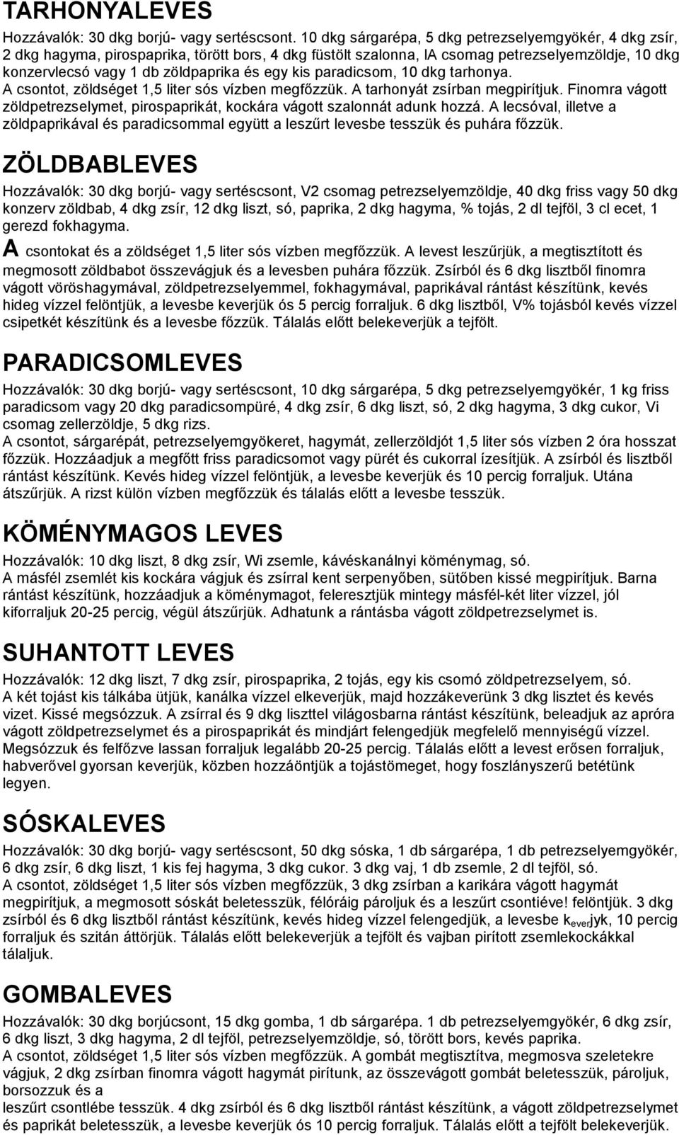 kis paradicsom, 10 dkg tarhonya. A csontot, zöldséget 1,5 liter sós vízben megfőzzük. A tarhonyát zsírban megpirítjuk.