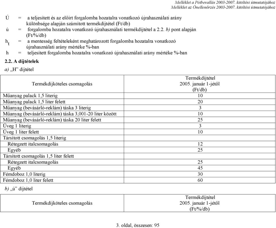 újrahasználati arány mértéke %-ban 2.2. A díjtételek a) H díjtétel Termékdíjtétel Termékdíjköteles csomagolás 2005.