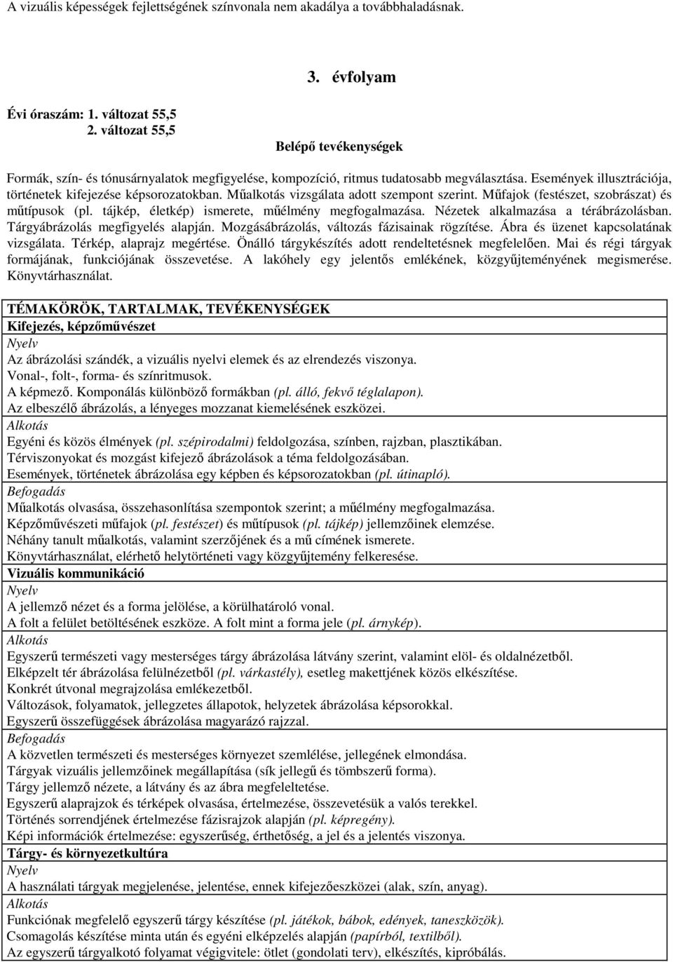 Műalkotás vizsgálata adott szempont szerint. Műfajok (festészet, szobrászat) és műtípusok (pl. tájkép, életkép) ismerete, műélmény megfogalmazása. Nézetek alkalmazása a térábrázolásban.