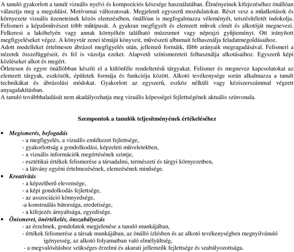 Felismeri a képzőművészet több műtípusát. A gyakran megfigyelt és elemzett művek címét és alkotóját megnevezi. Felkeresi a lakóhelyén vagy annak környékén található múzeumot vagy néprajzi gyűjteményt.