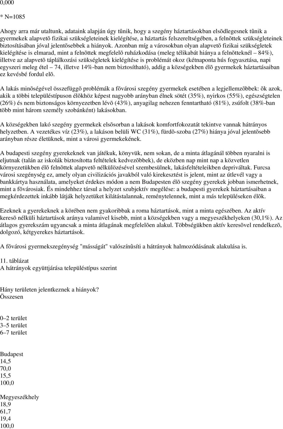 Azonban míg a városokban olyan alapvetõ fizikai szükségletek kielégítése is elmarad, mint a felnõttek megfelelõ ruházkodása (meleg télikabát hiánya a felnõtteknél 84%), illetve az alapvetõ