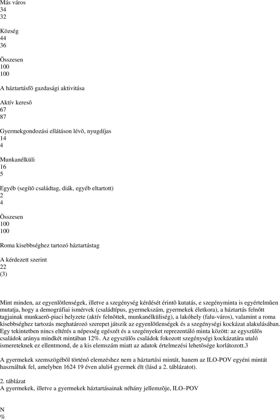 demográfiai ismérvek (családtípus, gyermekszám, gyermekek életkora), a háztartás felnõtt tagjainak munkaerõ-piaci helyzete (aktív felnõttek, munkanélküliség), a lakóhely (falu-város), valamint a roma