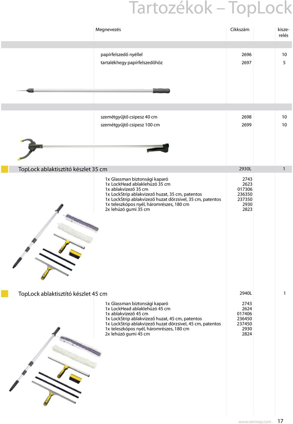 LockStrip ablakvizező huzat dörzsivel, 35 cm, patentos 237350 1x teleszkópos nyél, háromrészes, 180 cm 2930 2x lehúzó gumi 35 cm 2823 TopLock ablaktisztító készlet 45 cm 2940L 1 1x Glassman