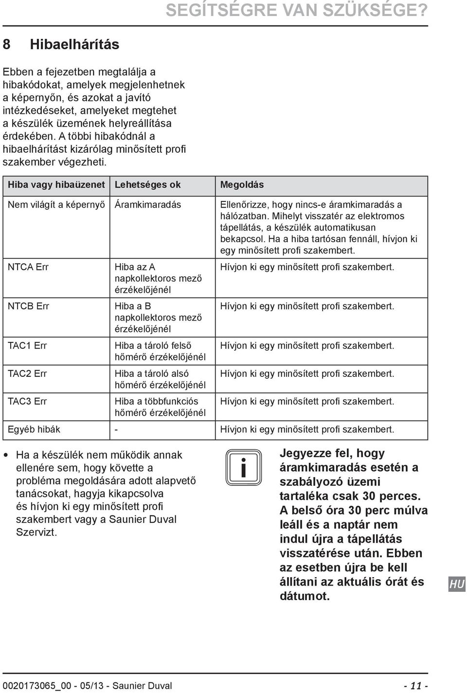 A többi hibakódnál a hibaelhárítást kizárólag minősített profi szakember végezheti.