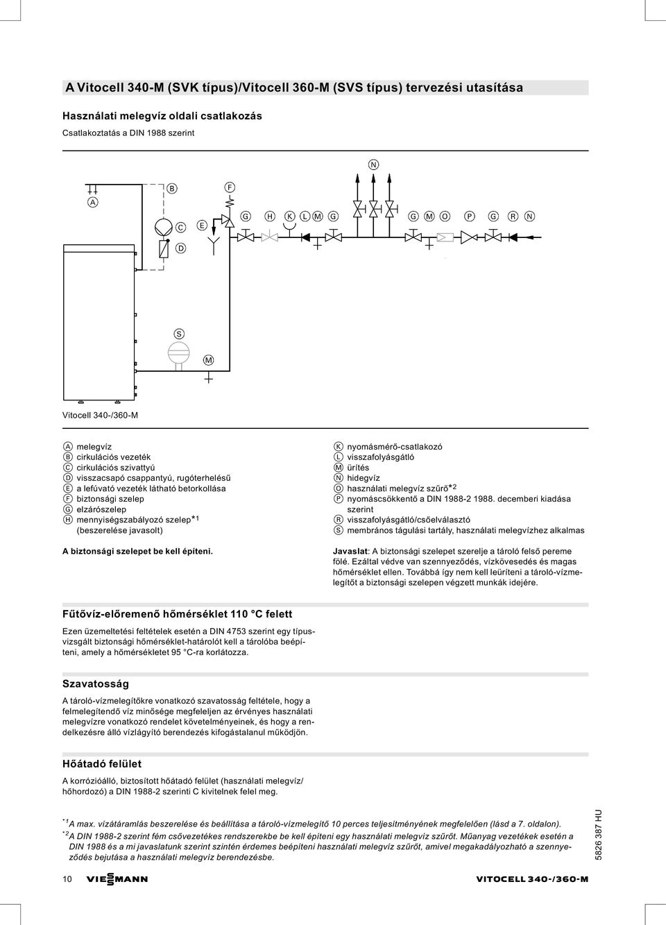 javasolt) A biztonsági szelepet be kell építeni. K nyomásmérő-csatlakozó L visszafolyásgátló M ürítés N hidegvíz O használati melegvíz szűrő* 2 P nyomáscsökkentő a DIN 1988-2 1988.