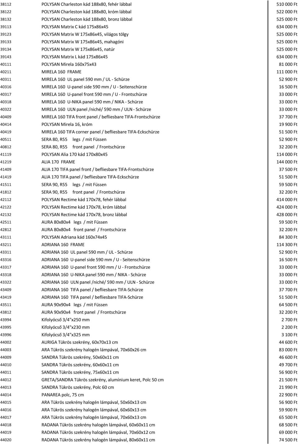 39143 POLYSAN Matrix L kád 175x86x45 634 000 Ft 40111 POLYSAN Mirela 160x75x43 81 000 Ft 40211 MIRELA 160 FRAME 111 000 Ft 40311 MIRELA 160 UL panel 590 mm / UL - Schürze 52 900 Ft 40316 MIRELA 160