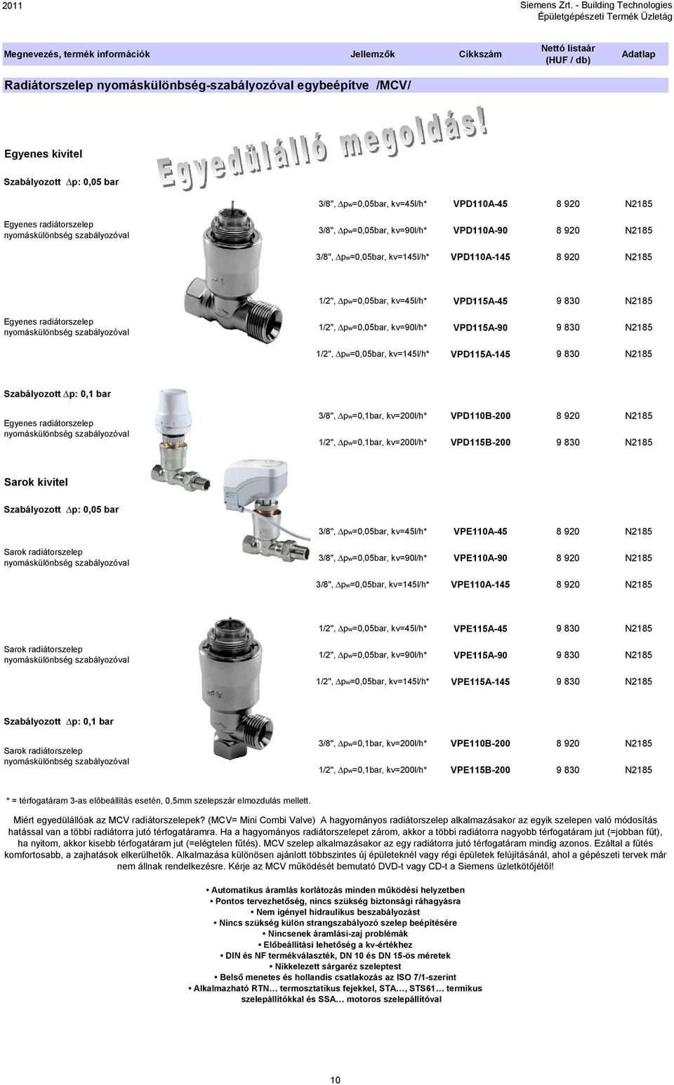 nyomáskülönbség szabályozóval 1/2", pw=0,05bar, kv=90l/h* VPD115A-90 9 830 N2185 1/2", pw=0,05bar, kv=145l/h* VPD115A-145 9 830 N2185 Szabályozott p: 0,1 bar Egyenes radiátorszelep nyomáskülönbség