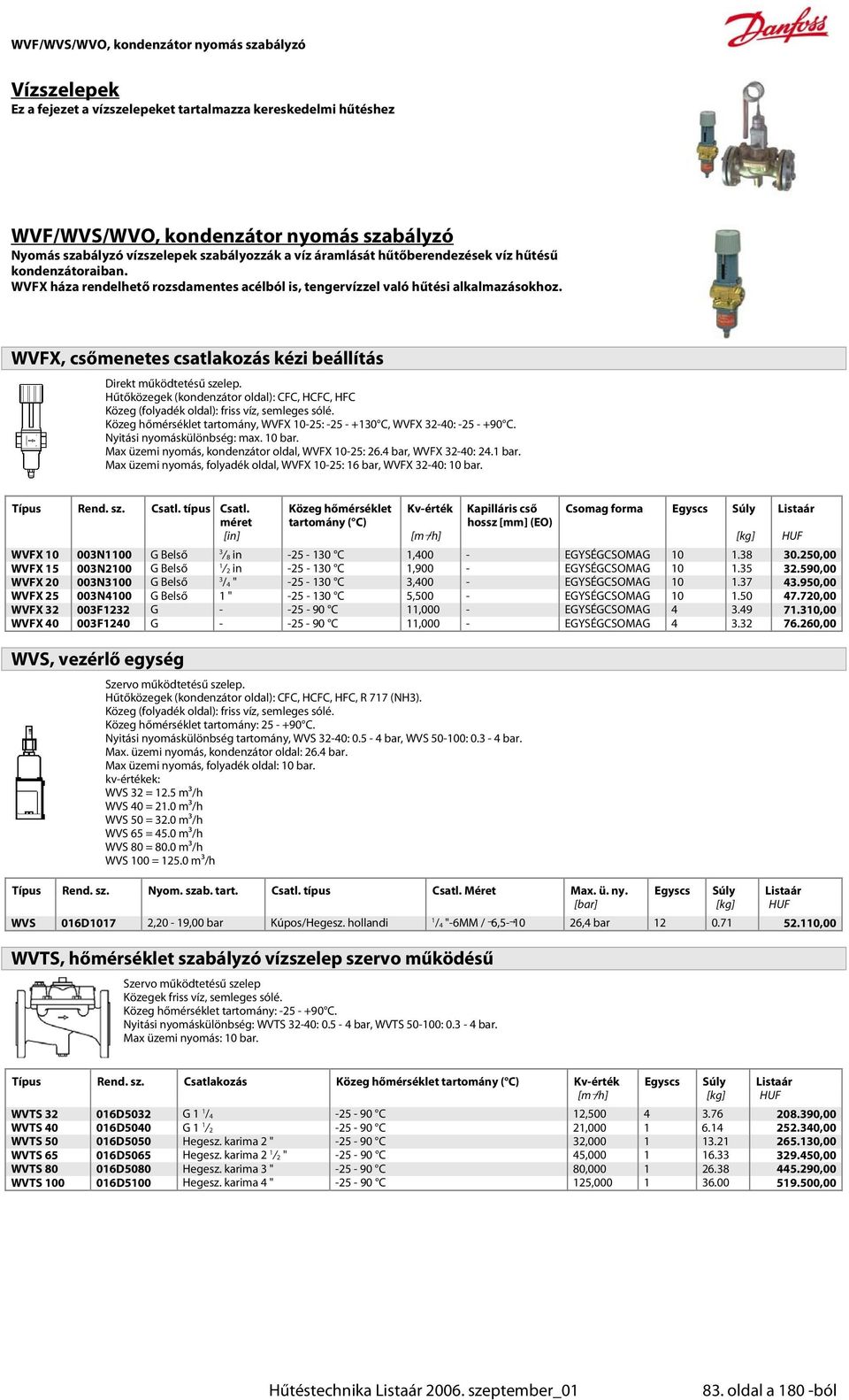 WVFX, csőmenetes csatlakozás kézi beállítás Direkt működtetésű szelep. Hűtőközegek (kondenzátor oldal): CFC, HCFC, HFC Közeg (folyadék oldal): friss víz, semleges sólé.